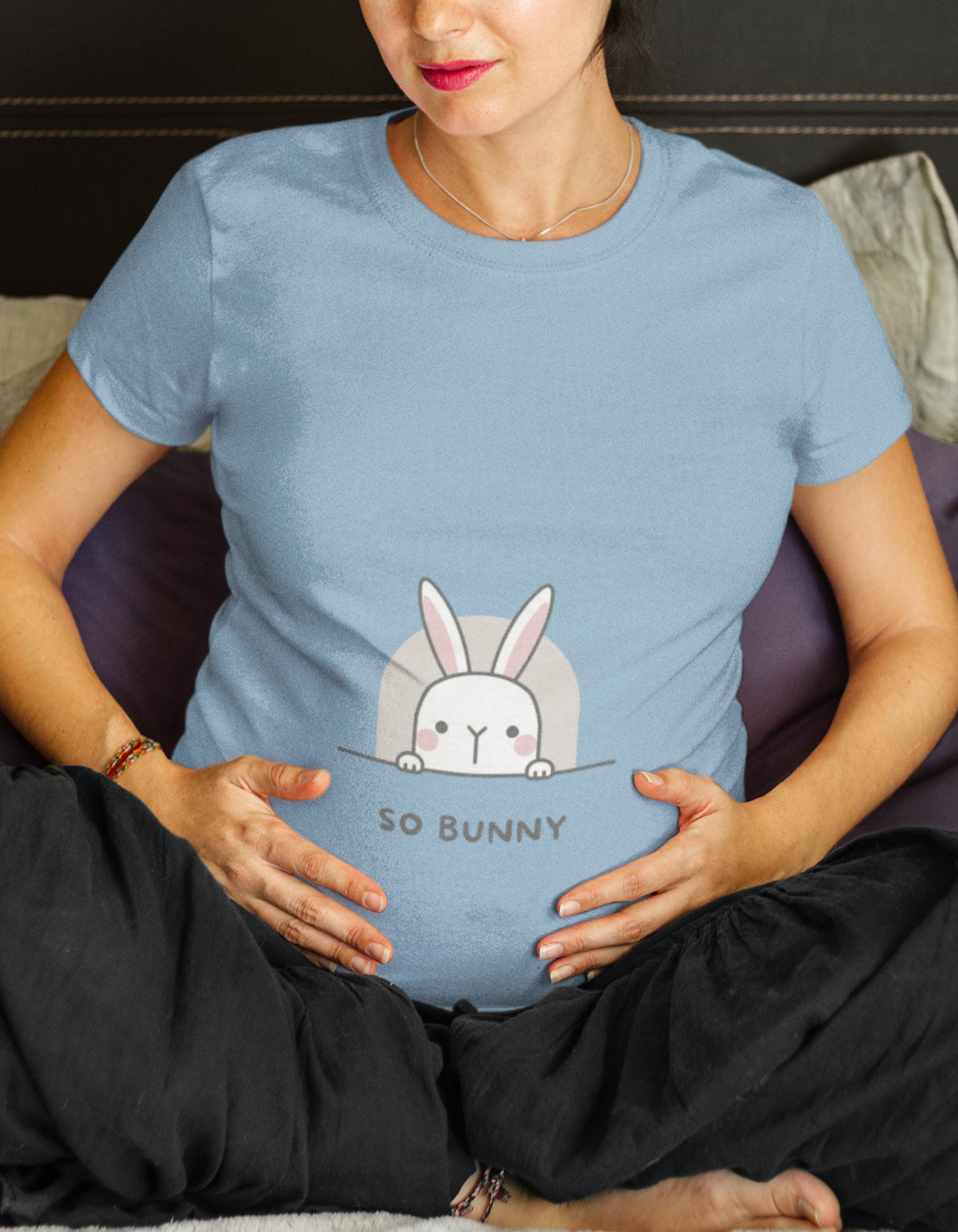 Upgrade your maternity wardrobe with our So Bunny oversized pregnancy t-shirt. Designed for the modern woman, it combines style and fun with its cute bunny design. Explore our collection of trendy women's t-shirts online at Womanitee.