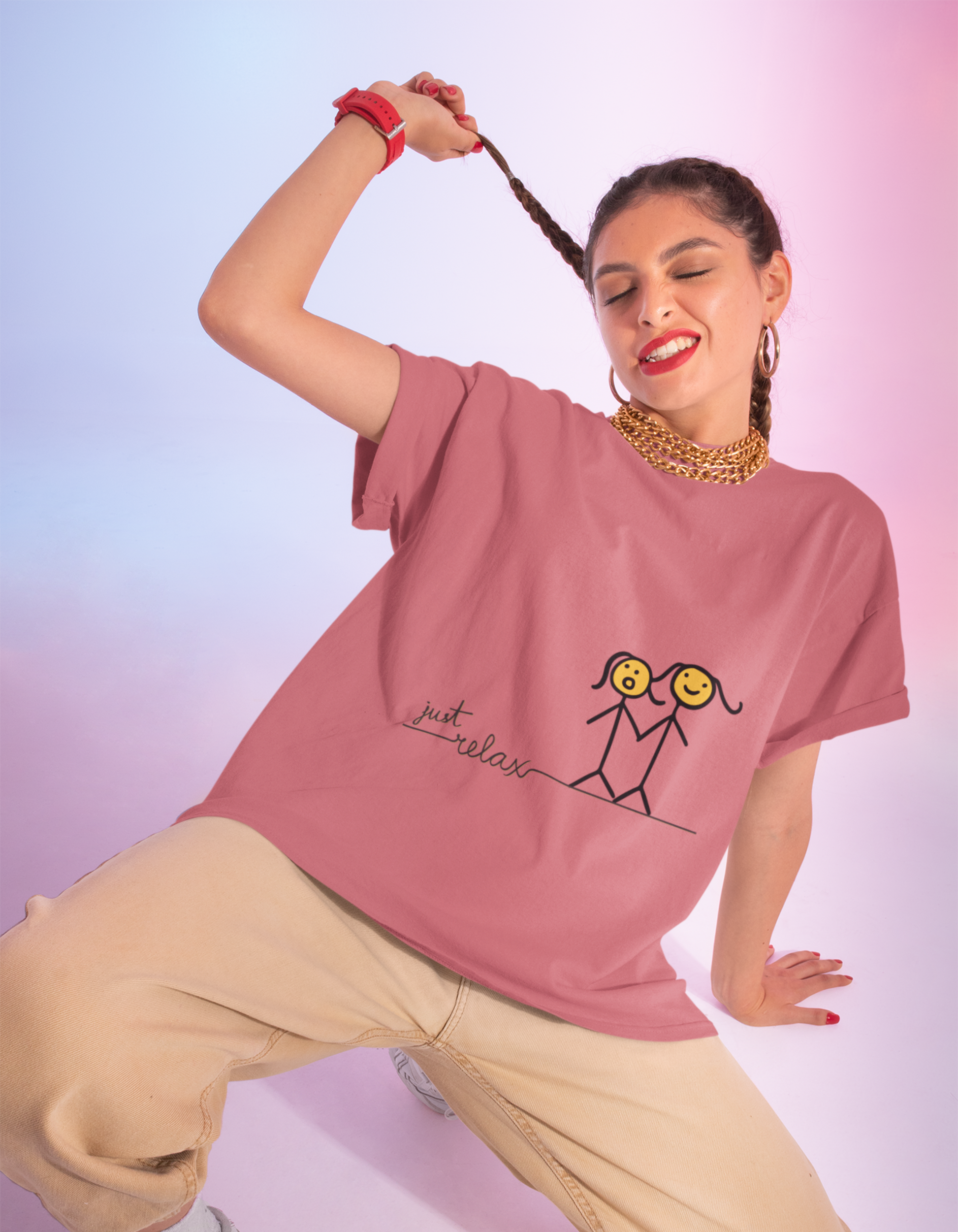 Celebrate the bond of sisterhood with our Rose Red Just Relax Oversized T-Shirt. Shop online at Womanitee for trendy women's graphic t-shirts and embrace the joy of sisterhood with comfort and style.