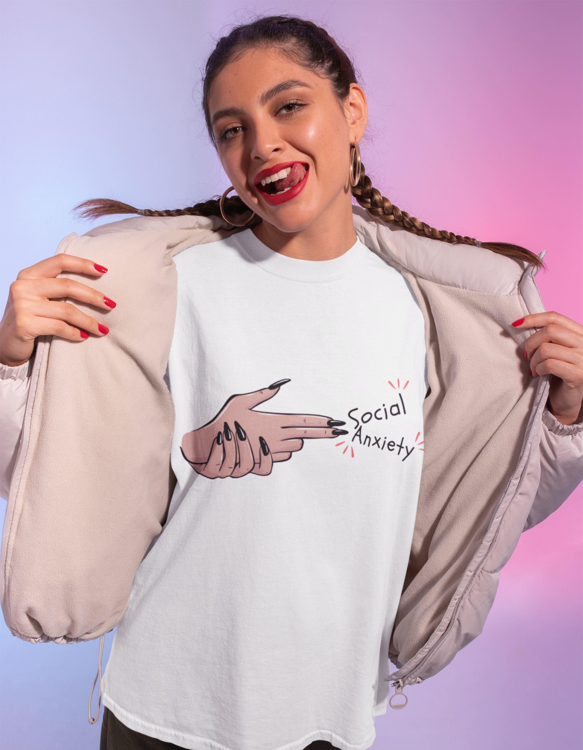 Embrace your authentic self and conquer social anxiety with our White Oversized T-Shirt. Shop online at Womanitee for empowering women's graphic t-shirts. Wear your struggles with pride and connect with confidence!