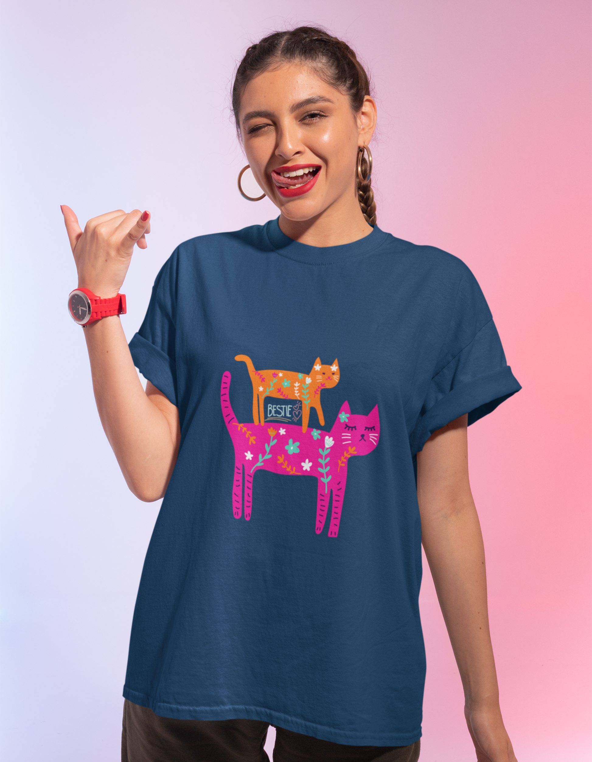 Celebrate the power of friendship with our Navy Blue Oversized T-Shirt featuring two adorable cats. Shop online at Womanitee for trendy women's graphic t-shirts and showcase the unbreakable bond of besties.