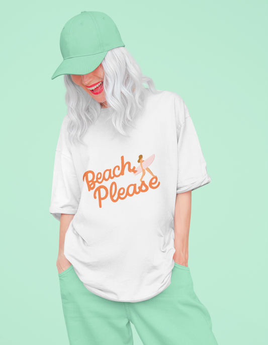 Express your vibrant personality with our 'Beach Please' white oversized t-shirt. Elevate your style effortlessly with this trendy women's graphic tee. Shop online at Womanitee and let your fashion speak volumes!