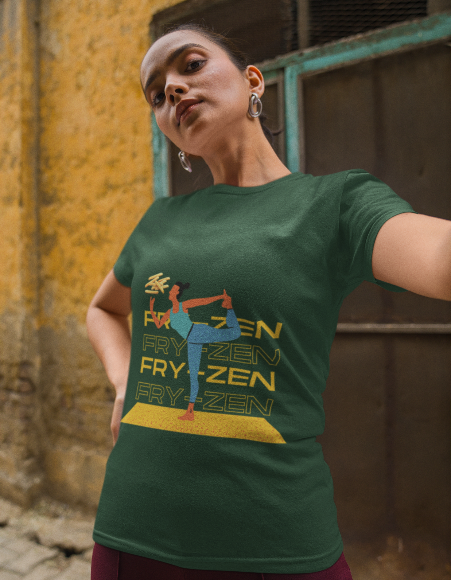 Unleash your inner Fry-Zen with our Olive Green Yoga T-Shirt. This unique tee showcases a woman mastering her yoga pose while elegantly holding a stack of delicious French fries. Experience ultimate comfort and make a style statement with this playful and trendy t-shirt. Shop now at Womanitee.