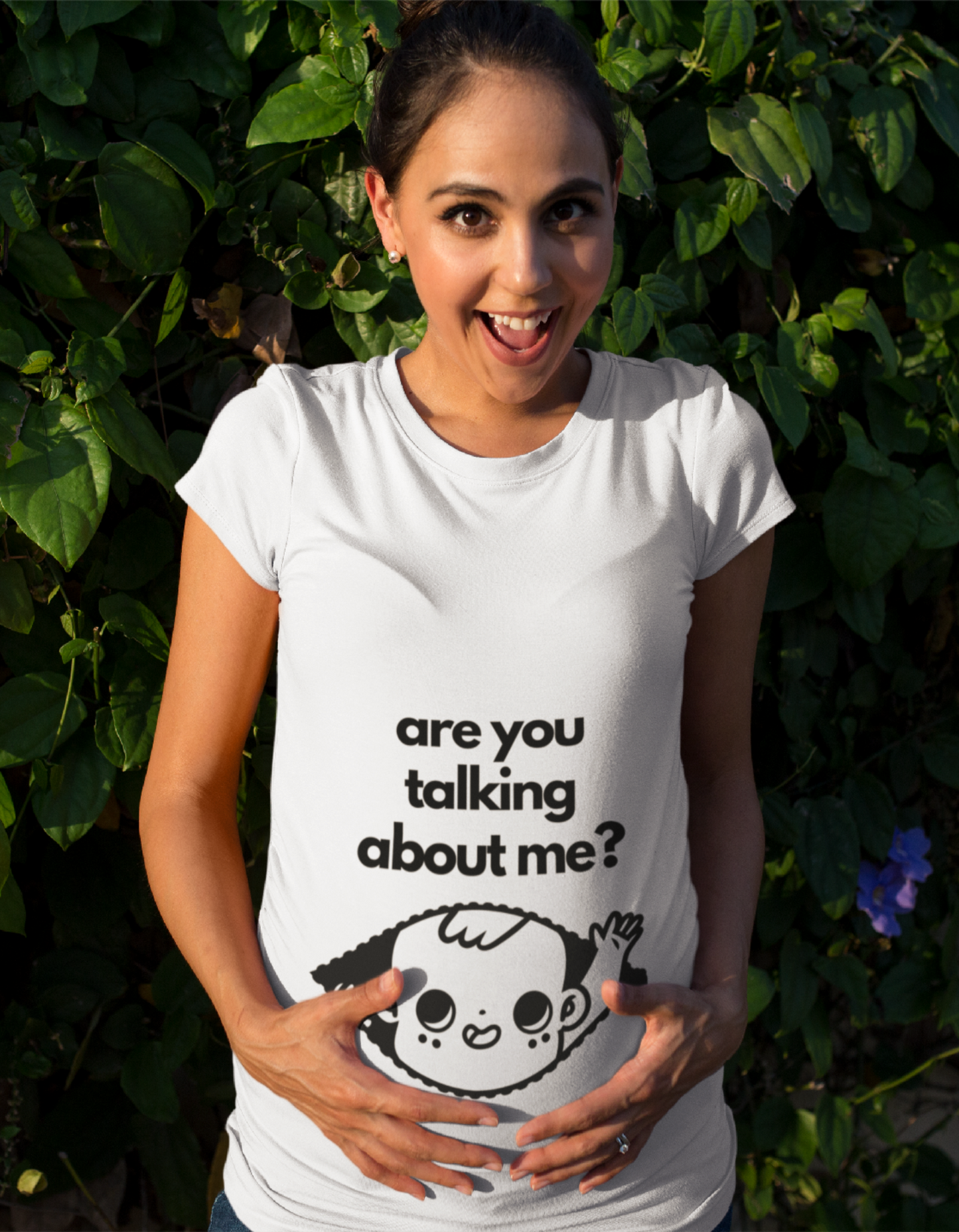 Celebrate your pregnancy in style with Womanitee's White Maternity T-Shirt. Featuring a playful baby peeking through a zipper, this trendy t-shirt is a fun and fashionable way to showcase your growing bump!