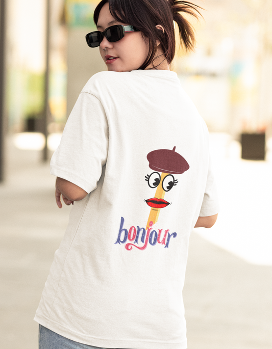 Spice up your style with our Bonjour French Fry oversized t-shirt. This white tee showcases a hilarious twist on the French fry, making it a conversation starter. Explore our collection of women's t-shirts online at Womanitee and embrace your quirky side.