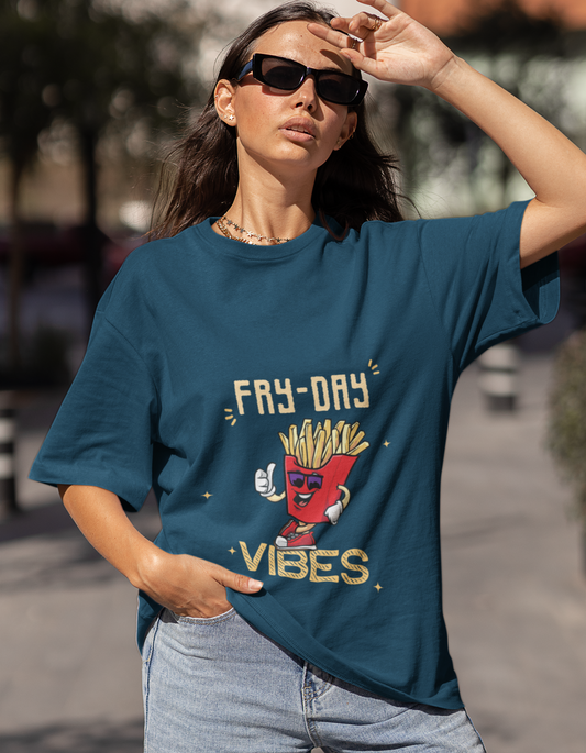 Elevate your wardrobe with our Fry-Day Vibes Navy Blue oversized t-shirt. Crafted for the modern woman, this tee offers a relaxed fit without compromising on style. Express your fry-day spirit with this funky and comfortable t-shirt from Womanitee."  Title: "Unleash Your Coolness with Fry-Day Vibes Navy Blue Oversized T-Shirt