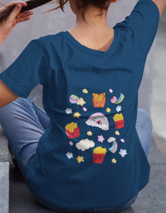 Express your unique style with our Navy Blue oversized t-shirt featuring a fun and colorful design of rainbow fries. Shop now and stand out from the crowd with this trendy and comfortable fashion statement from Womanitee.