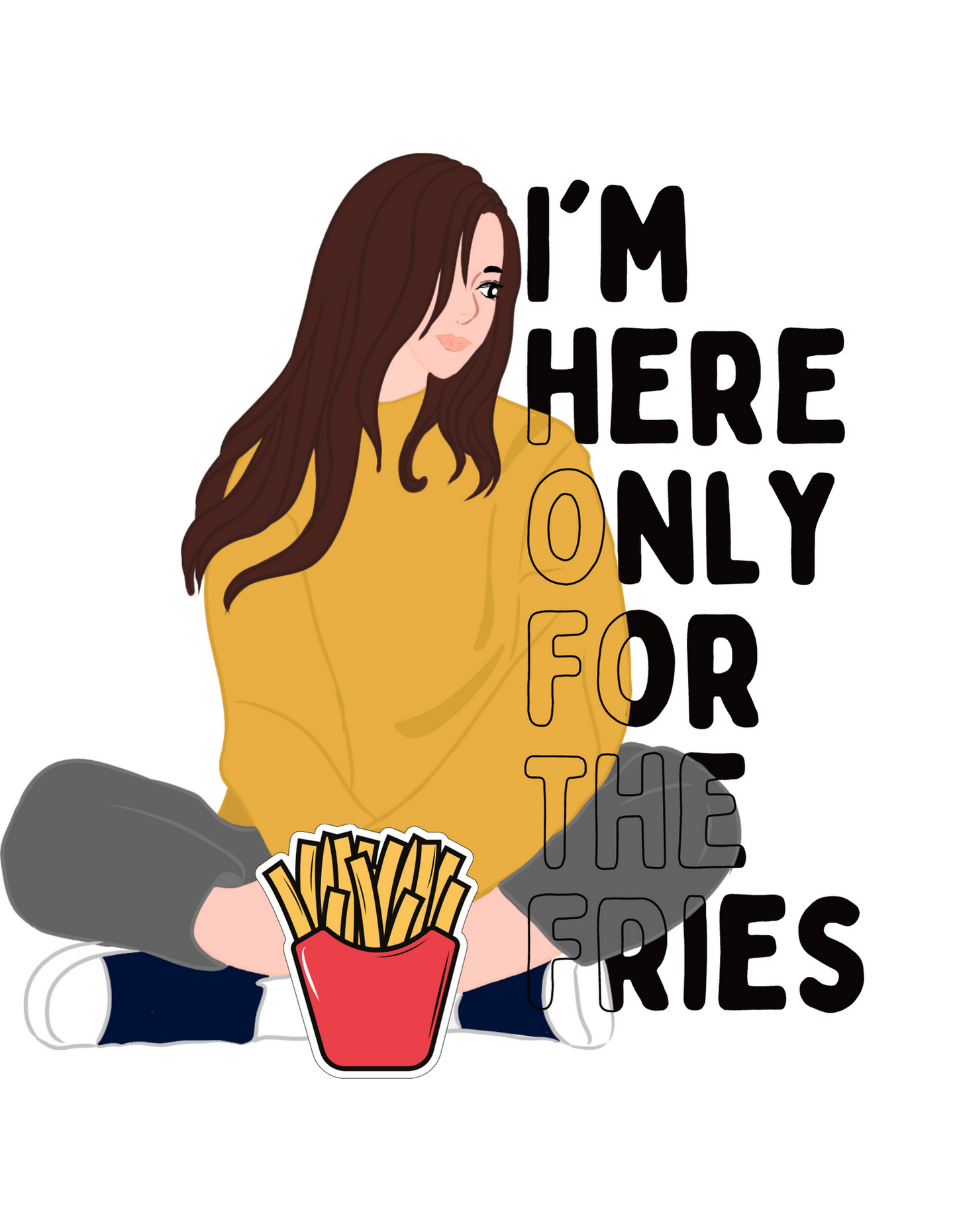 Make a mouthwatering statement with our white t-shirt adorned with a woman and her fries. With the words 'I'm Here Only for the Fries,' this t-shirt combines comfort and culinary charm. Find your perfect women's graphic t-shirt at Womanitee's online store.