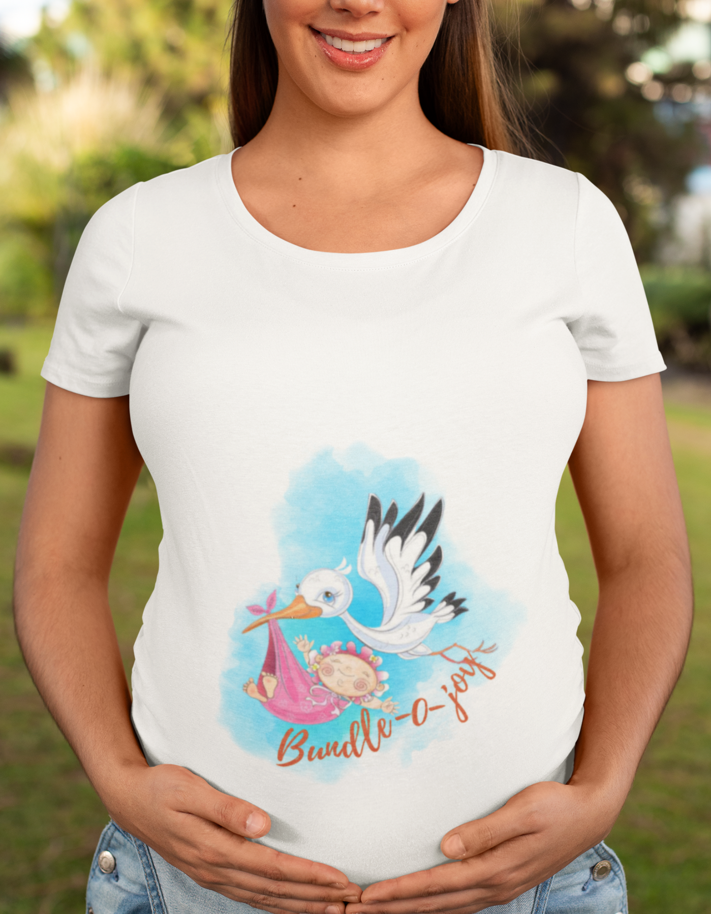 Celebrate the miracle of motherhood with our Bundle of Joy pregnancy t-shirt. The bird carrying a baby design captures the essence of this beautiful journey.