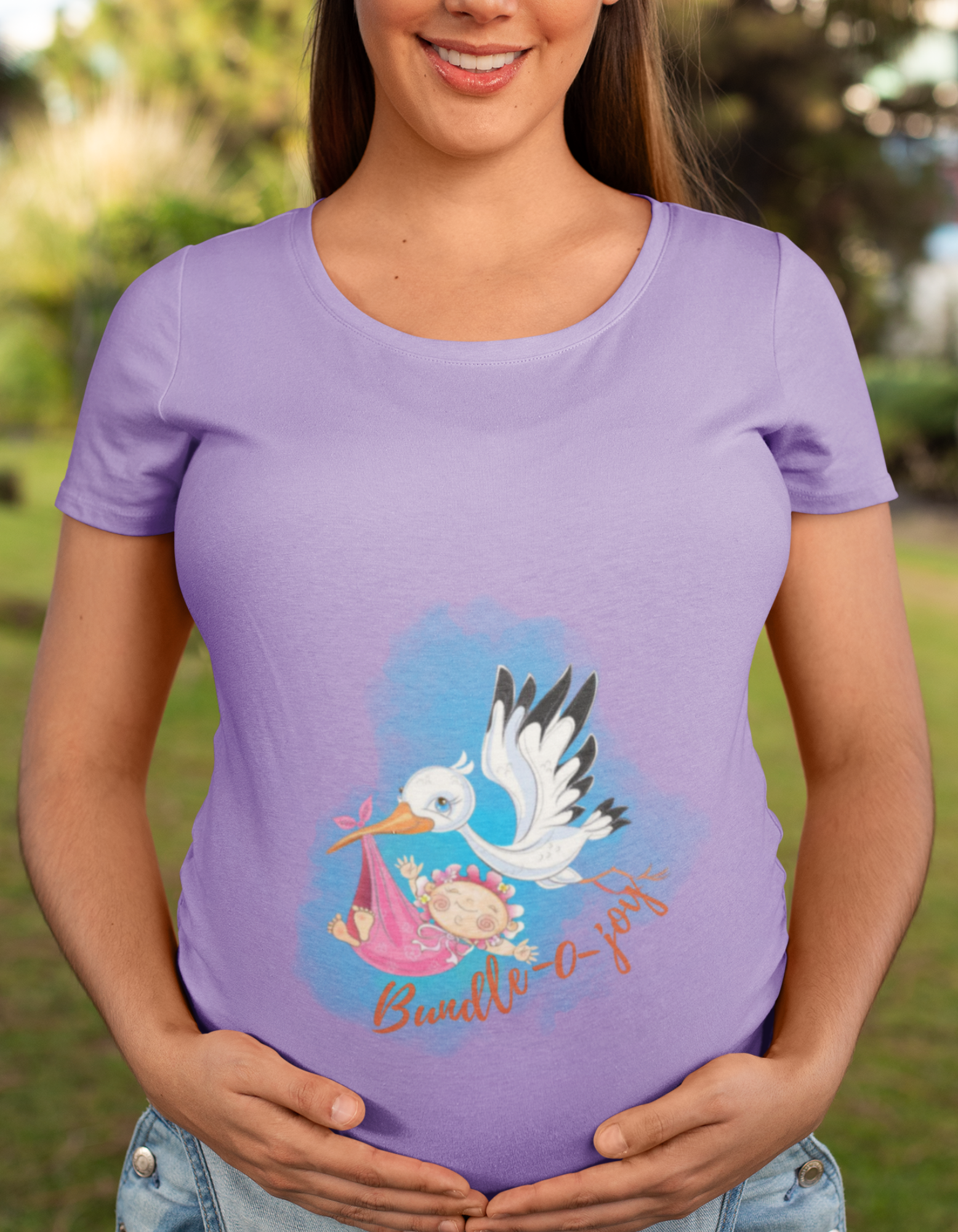 Experience fun and comfort during pregnancy with our Bundle of Joy t-shirt. The playful bird and baby bundle design adds a touch of whimsy to your maternity wardrobe. Discover the perfect fit at Womanitee, your go-to for stylish women's graphic t-shirts.