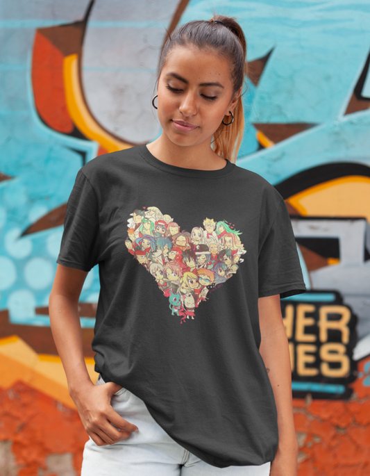 Find the best online deals on our "Anime Love" heart-shaped collage t-shirt, a symbol of your adoration for anime. Shop now at Womanitee, the leading online store for women's graphic tees in India, and wear your anime love proudly.