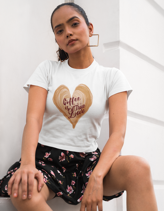 Get your daily fashion fix with our coffee-inspired crop top. Show off your passion for coffee in a trendy and fun way. Discover the perfect women's t-shirt online at Womanitee and make a style statement like never before.