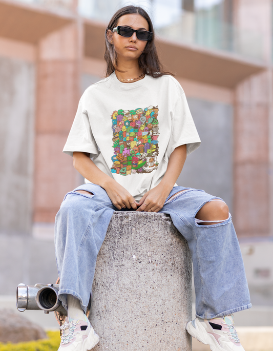 Add a pop of cuteness to your wardrobe with our white oversized t-shirt adorned with an adorable and vibrant monster doodle. Order now from Womanitee and express your fun-loving spirit!