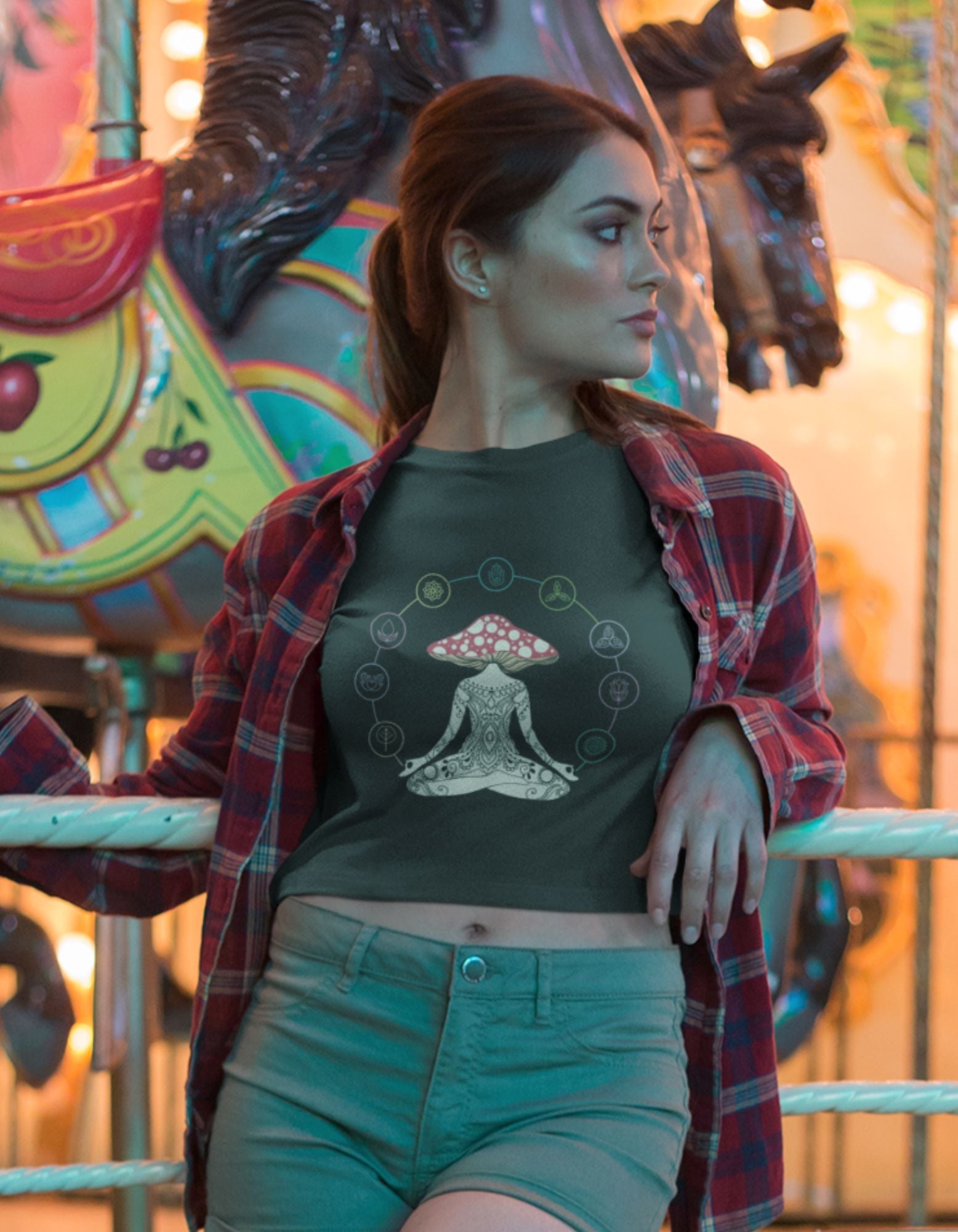 Step into a world of spiritual fashion with the Womanitee Psychedelic Meditate-Inspired Crop Top. This black crop top showcases a mesmerizing psychedelic art illustration of a meditating woman, symbolizing the connection between mind, body, and the universe. Unlock your cosmic vibes and radiate positive energy.