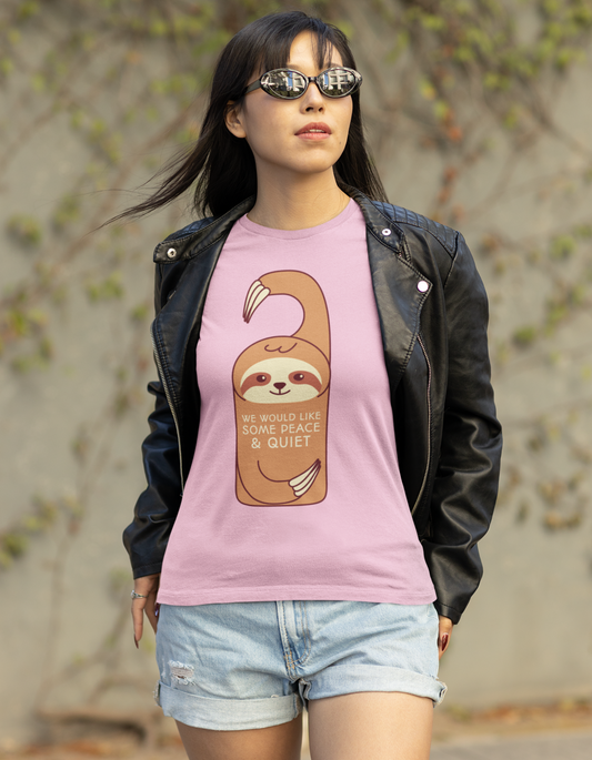 Light Pink Women's Sloth T-shirt "We Would Like Some Peace and Quiet"