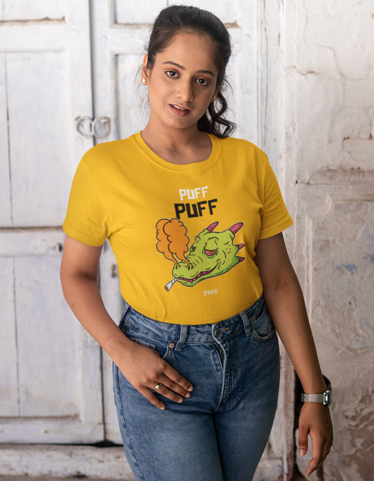 Puff Puff Pass! Quirky Women's Tshirt| Golden Yellow