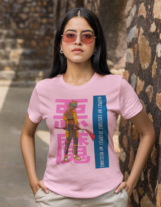 Show your strength and resilience with our light pink t-shirt featuring a powerful ninja girl illustration and the empowering words "Respect My Existence or Expect My Resistance." Made from comfortable cotton, this tee is perfect for confident women.