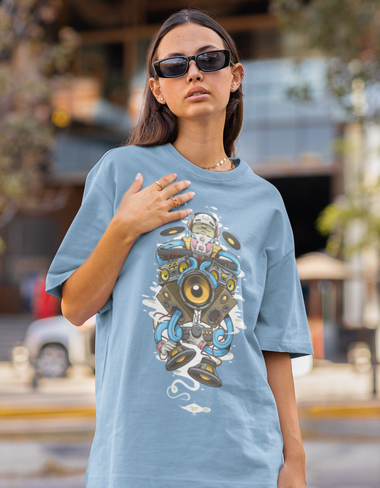  Amplify your style with our sky blue oversized t-shirt showcasing a captivating rock 'n' roll genie illustration. Order now from Womanitee and let your love for music shine through your fashion!