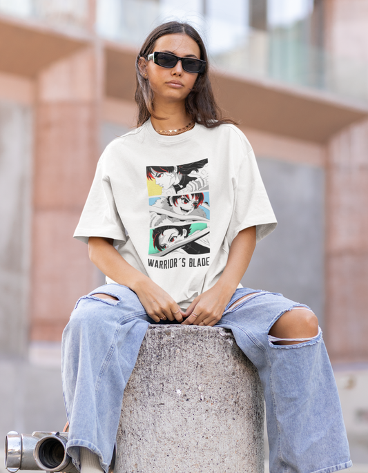 Channel your warrior spirit with our white oversized t-shirt showcasing a captivating anime illustration and the powerful text "Warrior Blade." Order now from Womanitee and express your bold and fearless style!