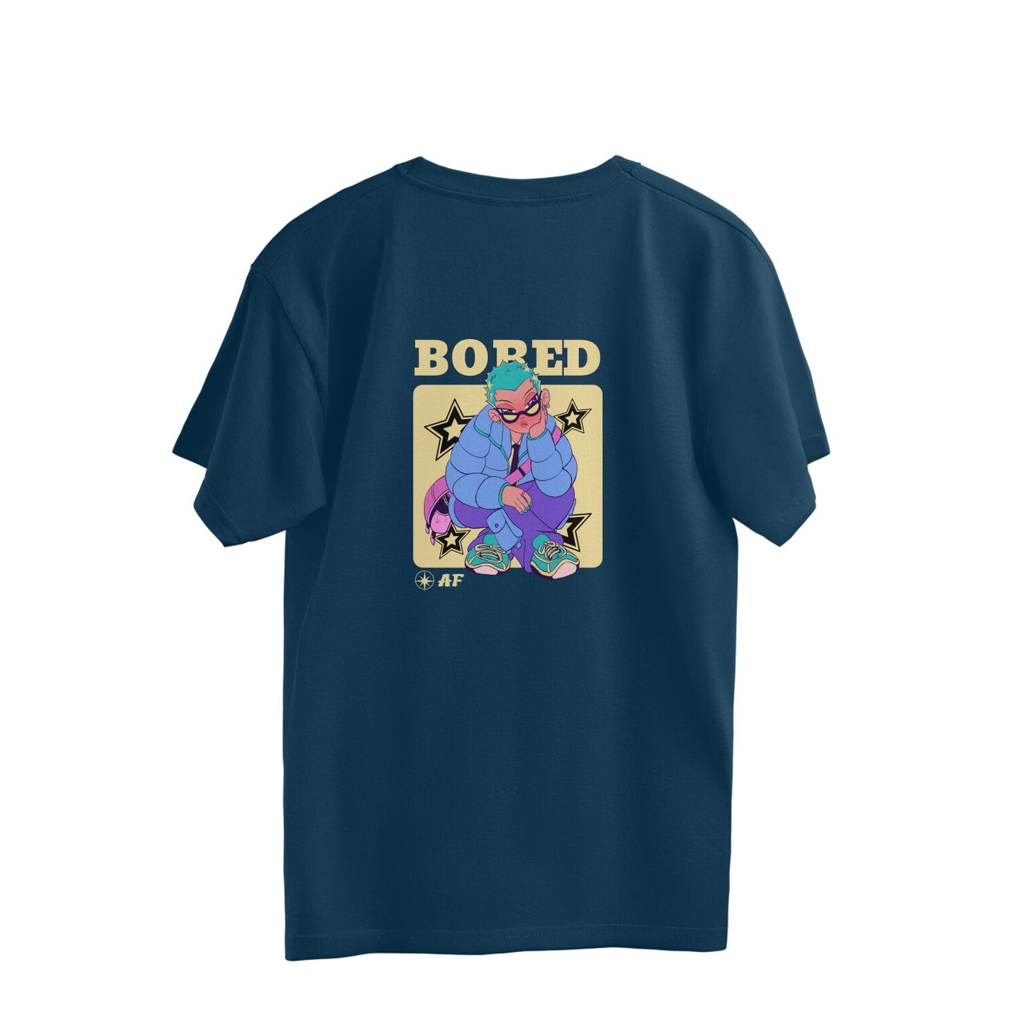 Make a statement with our navy blue oversized t-shirt showcasing a rebellious punk girl backprint and the attitude-packed text "BORED AF." Order now from Womanitee and add a touch of punk rock to your wardrobe!