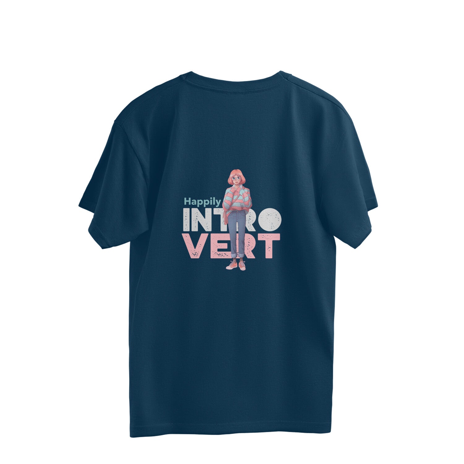  Make a statement with our navy blue oversized t-shirt showcasing the phrase "Happily Introvert." Designed for those who appreciate solitude, this tee from Womanitee allows you to express your introverted pride with style.