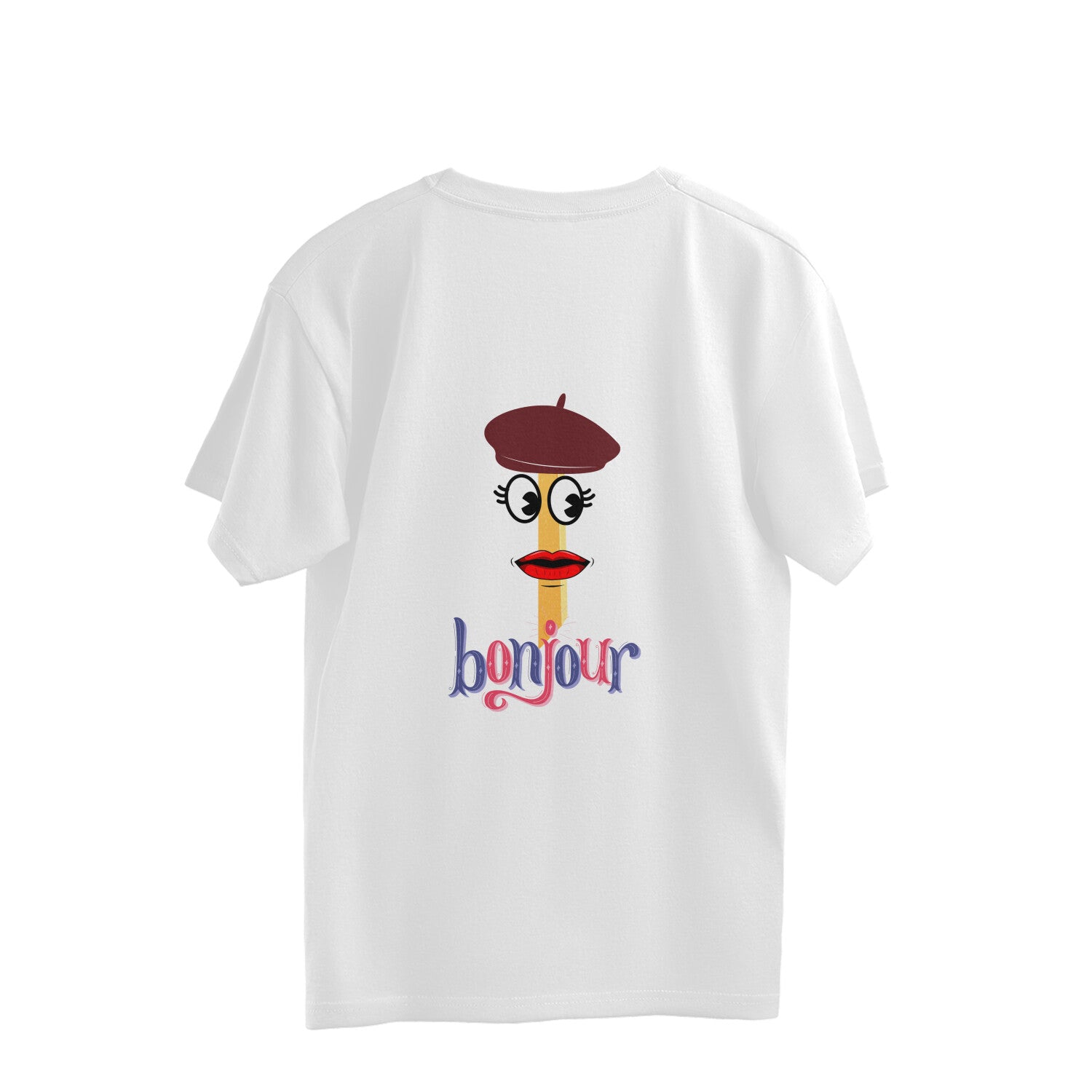 Indulge in a playful fashion statement with our Bonjour French Fry oversized t-shirt. The amusing design of a French fry wearing a cap brings a smile to your face. Shop now for trendy women's t-shirts online at Womanitee.