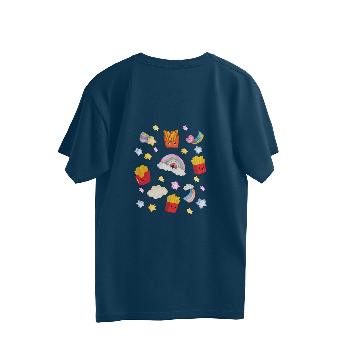 "Discover the perfect blend of comfort and style with our Rainbow Fries Navy Blue oversized t-shirt. Crafted with premium materials and featuring a unique design, this tee offers both a relaxed fit and a trendy look. Shop now at Womanitee.