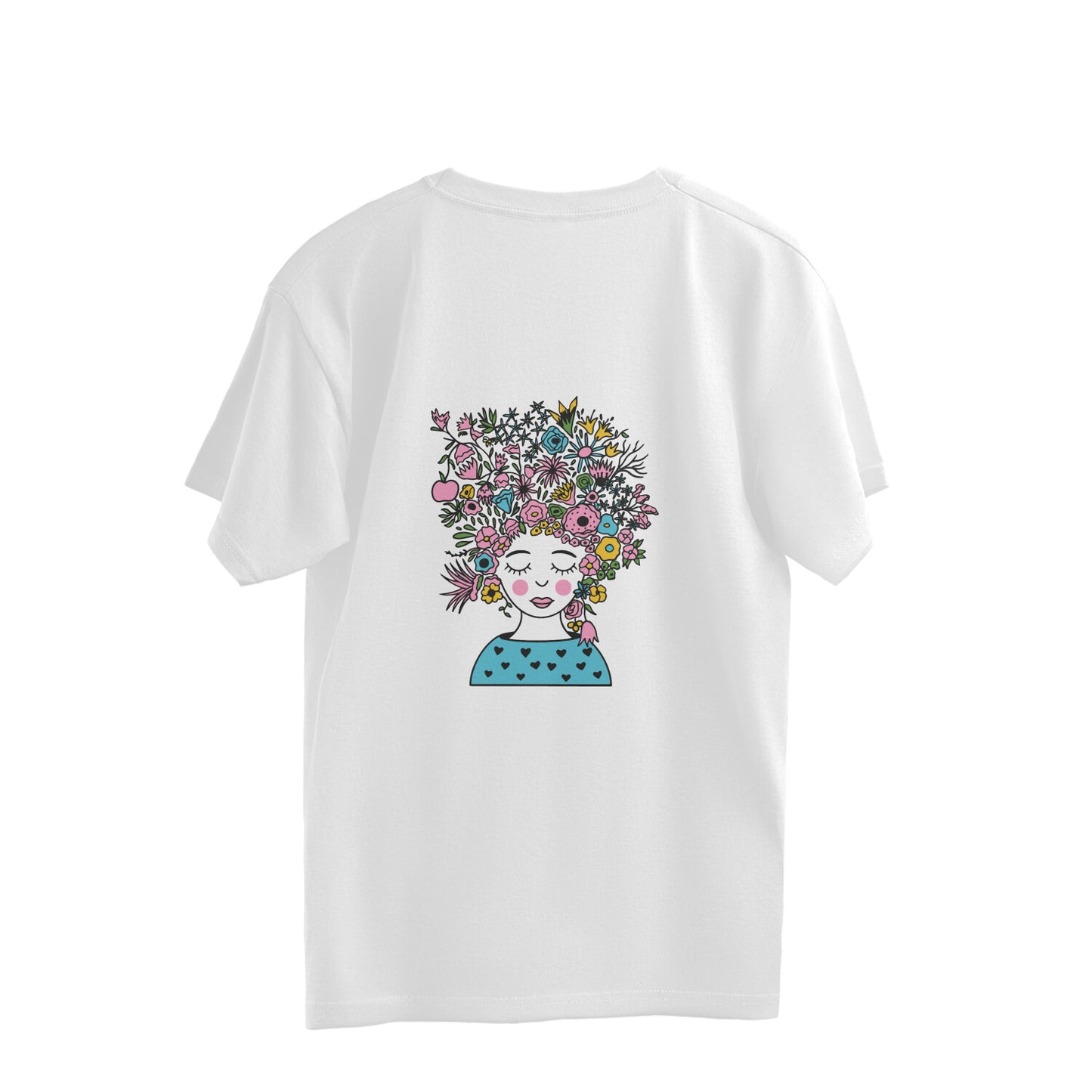 Step into the wild side of fashion with our White Oversized T-Shirt adorned with a girl's head filled with leaves and flowers. Shop online at Womanitee for trendy women's graphic t-shirts and embrace your love for nature with style.