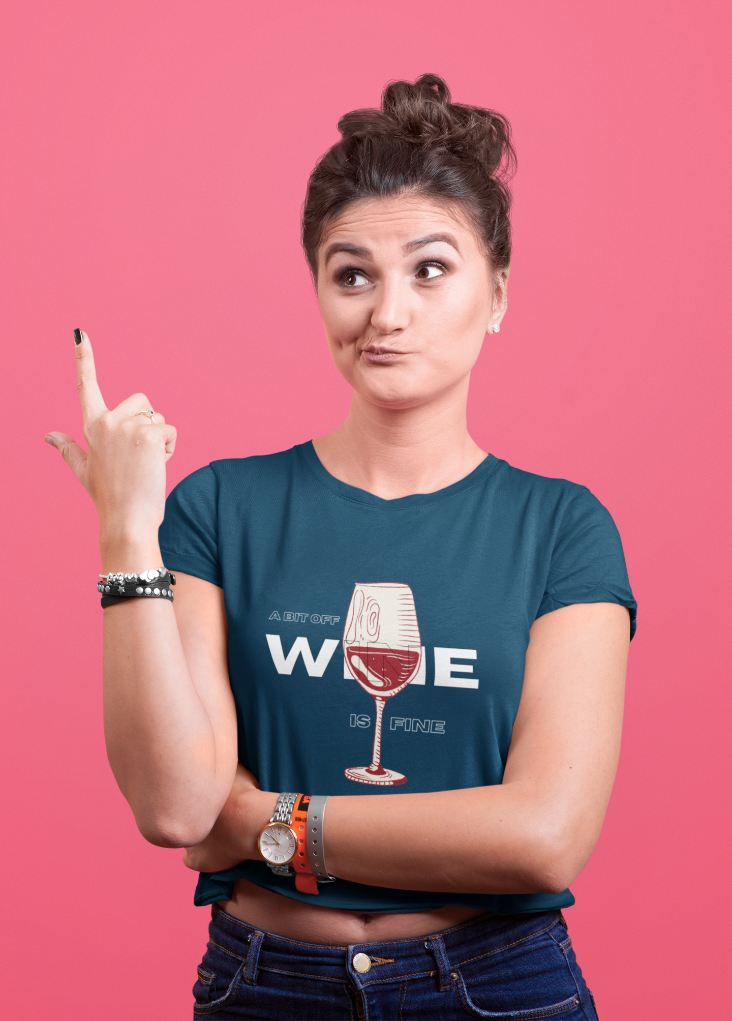 Indulge in the perfect blend of fashion and fun with our Women's Wine Lover Crop Top. Featuring a navy blue color and a playful wine glass illustration with the phrase 'A Bit of Wine is Fine,' this trendy crop top is a must-have for the modern woman. Shop online at Womanitee for women's graphic t-shirts that celebrate life's little pleasures.