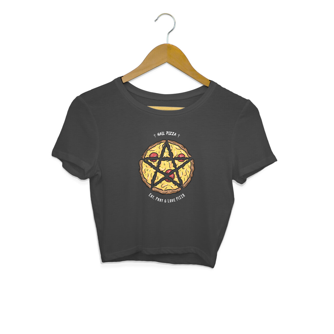 Looking for a top that reflects your personality? Look no further than our women's black crop top with a satanic pentagram Pizza graphic! Shop now and make a statement.