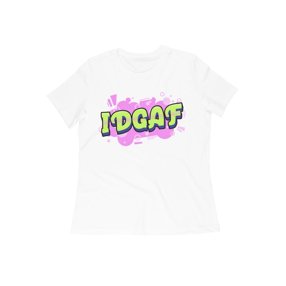 Make a bold statement with our white t-shirt featuring eye-catching "IDGAF" typography and a vibrant pink graffiti background. Order now from Womanitee!