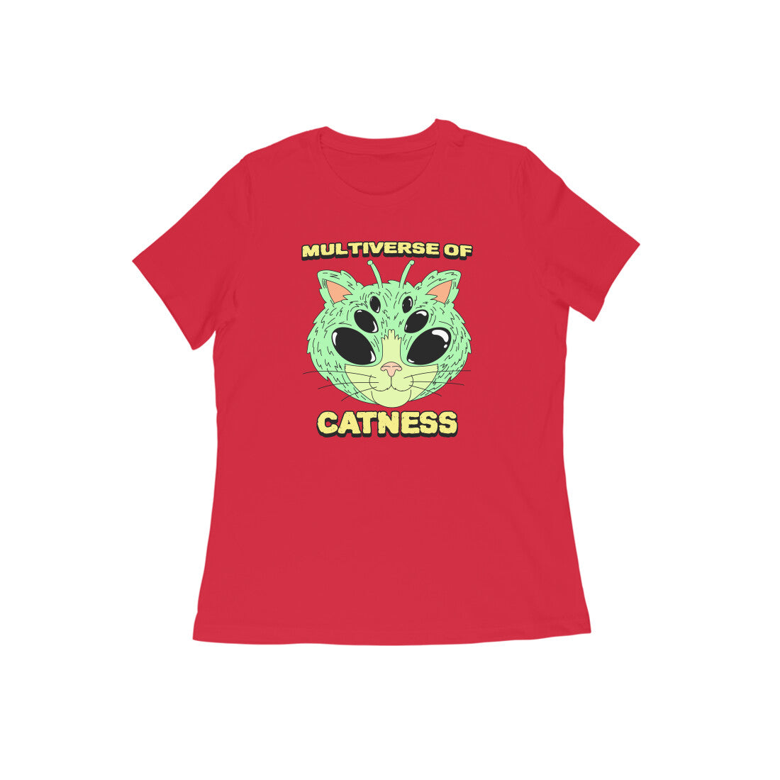 Discover the universe-bending fashion at Womanitee. Get the Red Cotton Tee with the mesmerizing Alien Cat design. Unleash your purrsonal style and show off your love for the Multiverse of Catness!