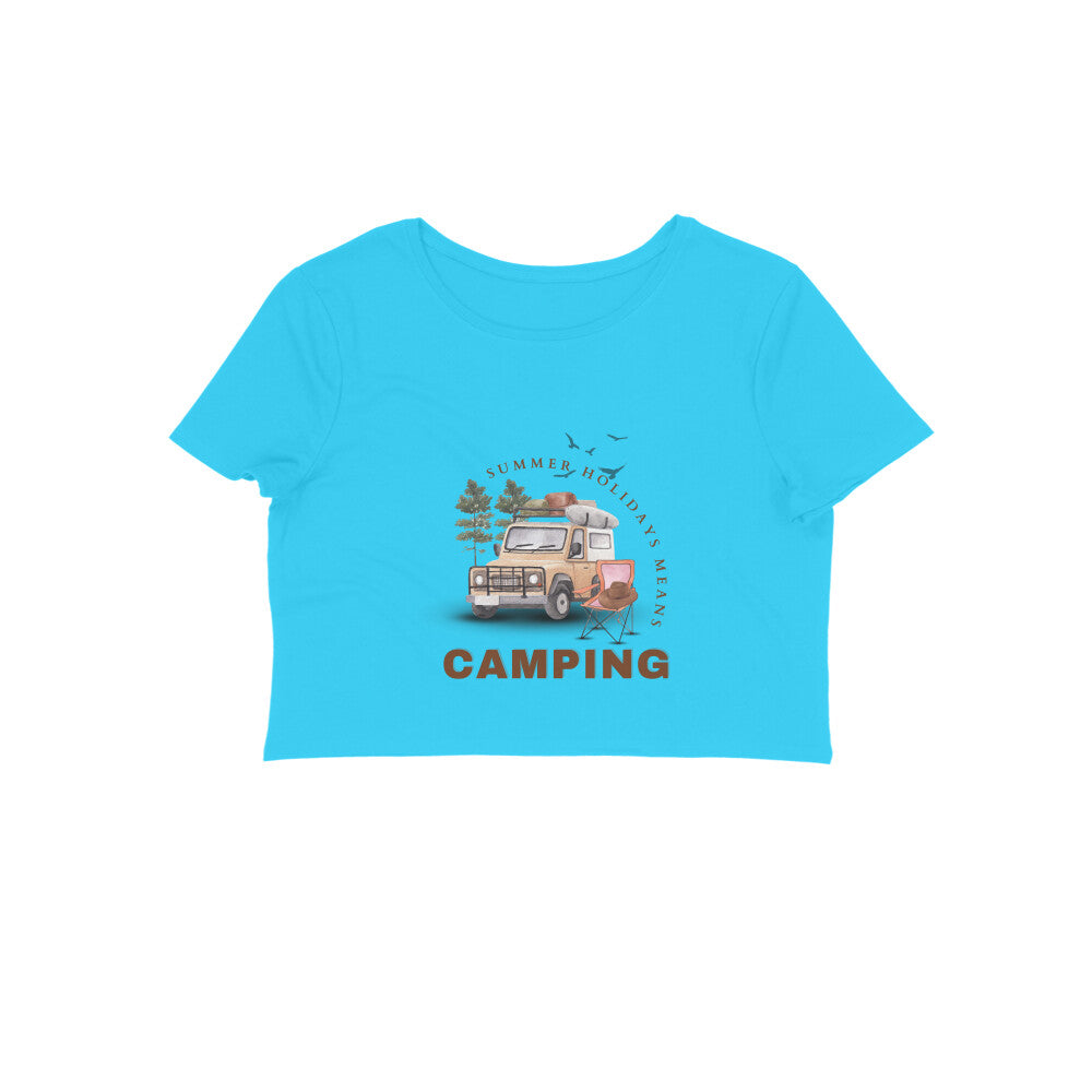 Ignite your sense of adventure with our Women's Sky Blue Camping Crop Top. With its captivating camping illustration and the empowering phrase 'Summer Holidays Means Camping,' this crop top is a perfect companion for outdoor escapades. Shop online at Womanitee for women's graphic t-shirts that inspire wanderlust.