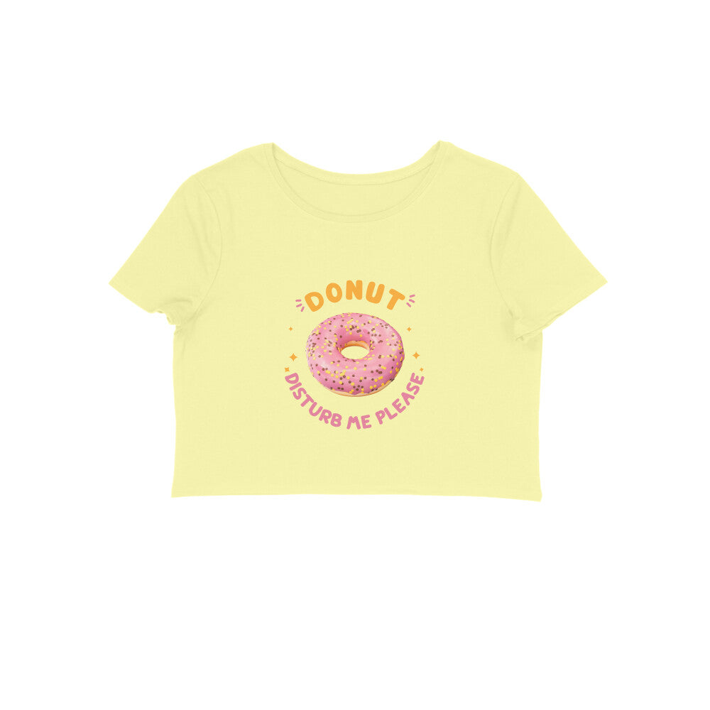 Indulge in a fashionable treat with our Women's Donut Lover Crop Top. This navy butter yellow crop top features a delightful doughnut illustration and the playful declaration 'Donut disturb me.' Perfect for donut enthusiasts and lovers of unique fashion. Shop now and satisfy your style cravings!