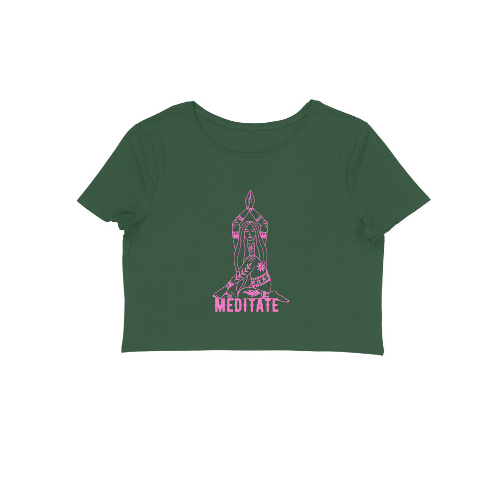 Discover serenity and balance with the Womanitee Women's Meditate Crop Top. The abstract art illustration of a meditating woman on this olive green crop top is a reminder to find inner peace. Elevate your wardrobe and embrace mindfulness.