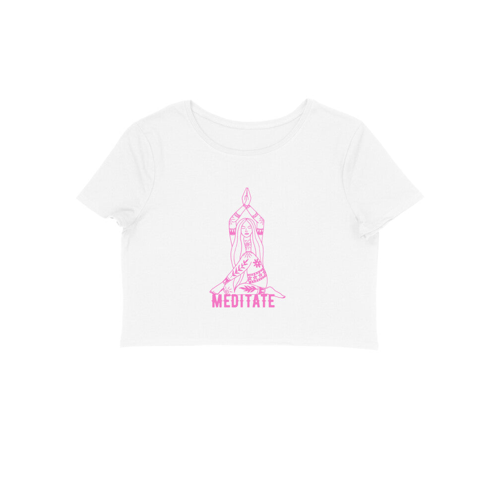 Find balance and express your personal style with the Womanitee Women's Meditate-Inspired Fashion. This white crop top, adorned with an abstract art illustration of a meditating woman, combines fashion and mindfulness seamlessly. Discover fashionable serenity. Shop now!