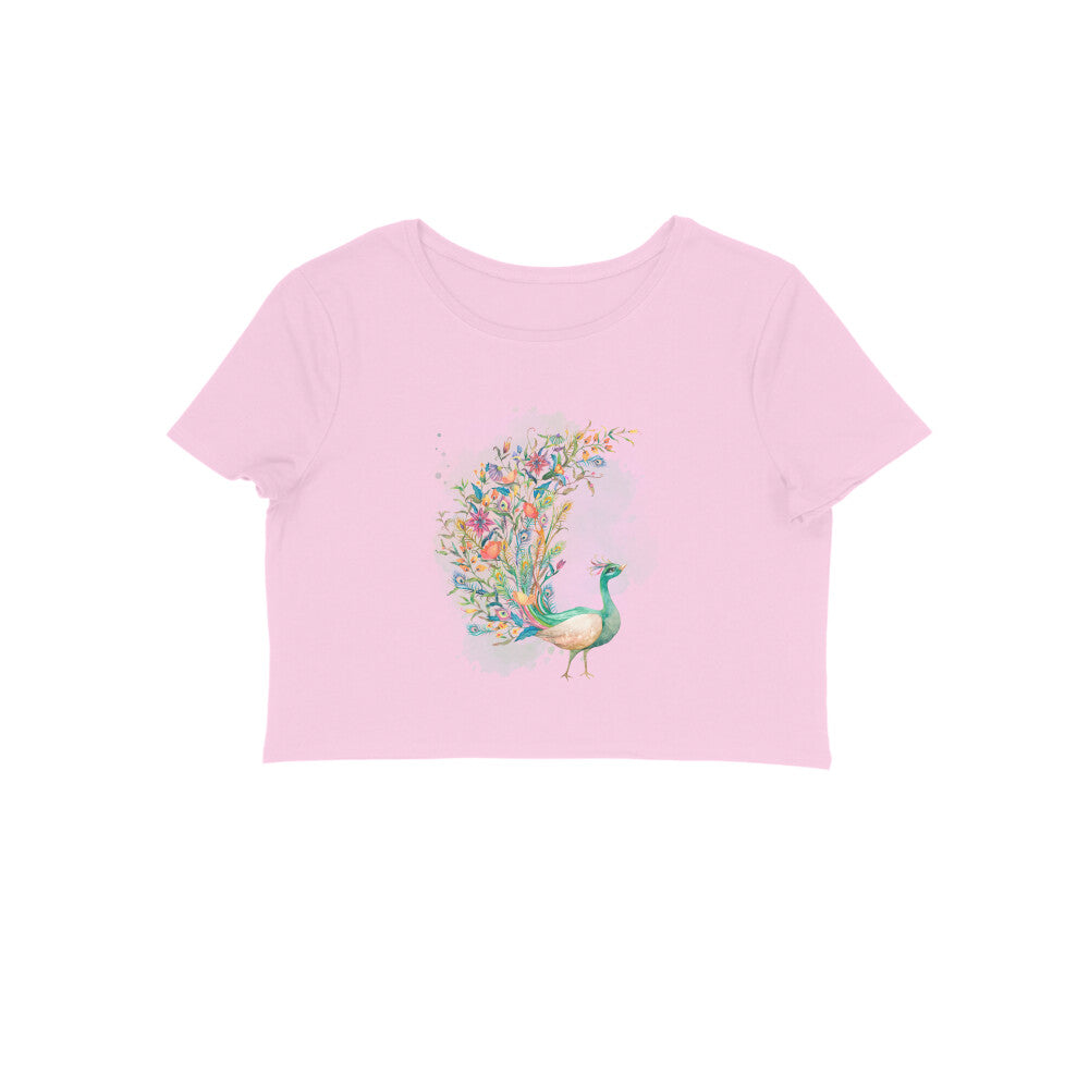 Unleash your vibrant spirit with our Women's Colorful Peacock Crop Top. This pink crop top showcases an intricate and colorful peacock illustration, symbolizing empowerment and beauty. Embrace your uniqueness and make a bold fashion statement. Shop now at Womanitee, the ultimate destination for women's t-shirts online in India.