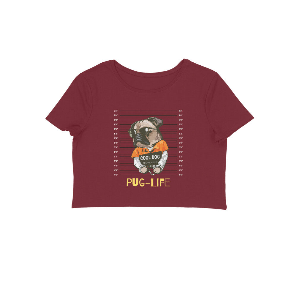 Make a pawsome fashion statement with our Women's Pug Life Crop Top. Featuring a maroon design with an adorable pug's mug shot and the catchy phrase 'Pug Life,' this crop top is perfect for modern women who love humor and style.