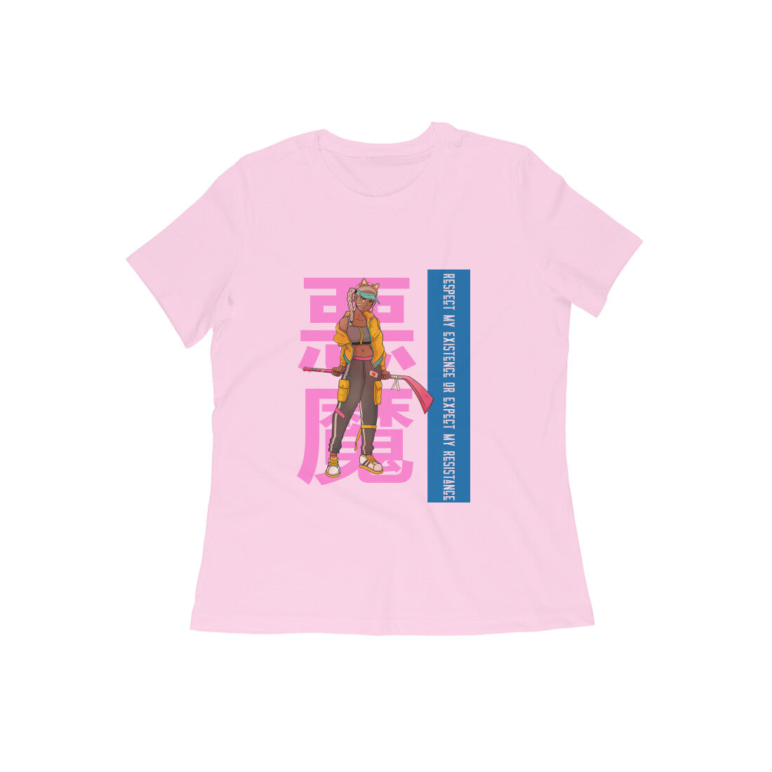 Show your strength and resilience with our light pink t-shirt featuring a powerful ninja girl illustration and the empowering words "Respect My Existence or Expect My Resistance." Made from comfortable cotton, this tee is perfect for confident women.