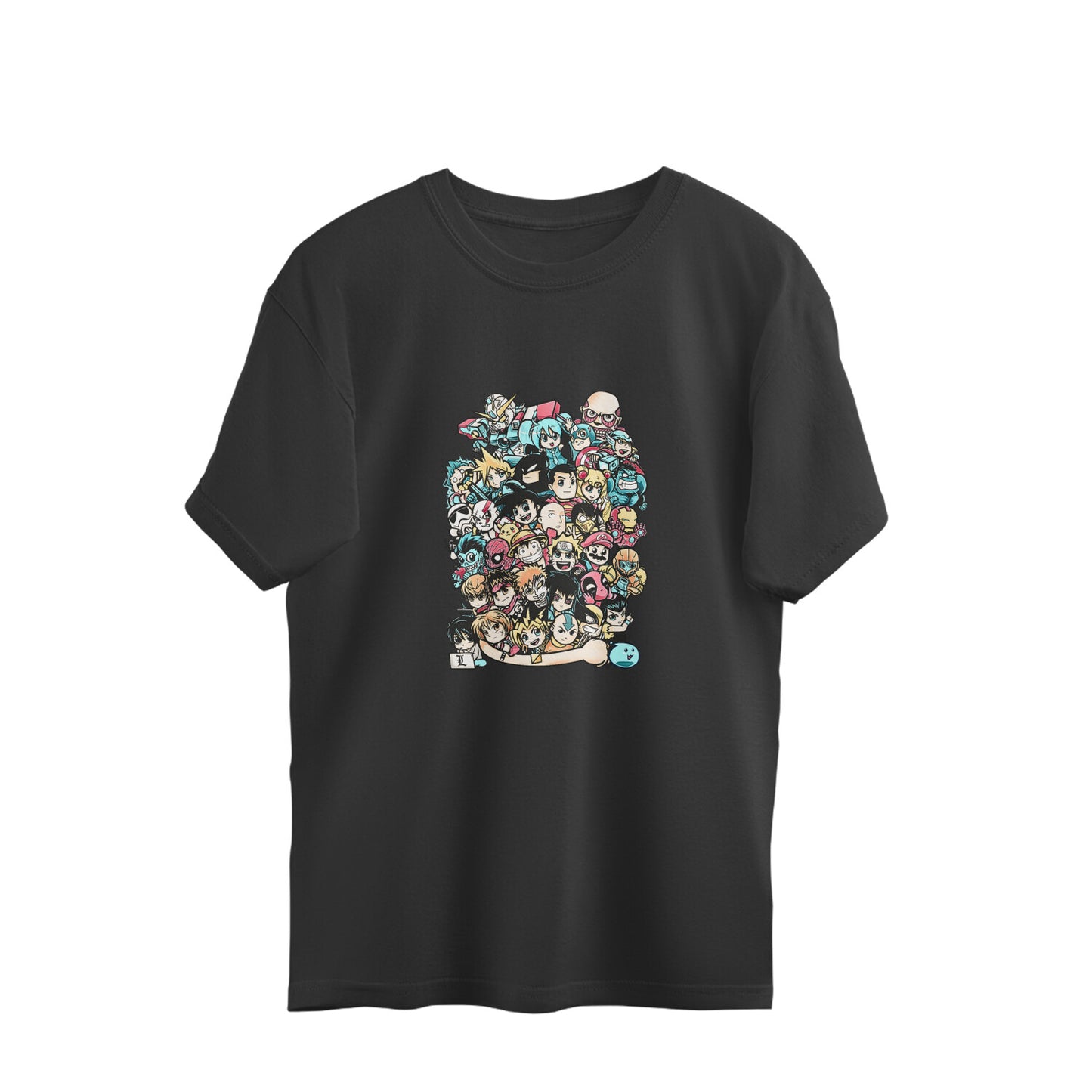 Cartoon Collage: Black Oversized T-Shirt - A Tribute to Childhood