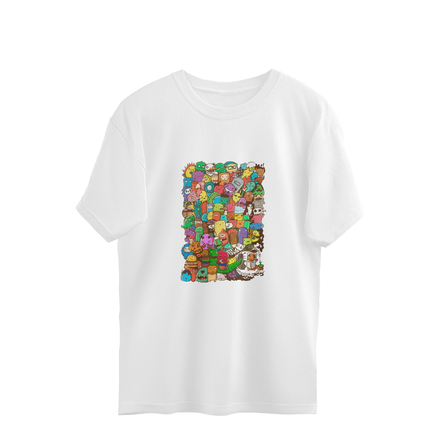 Embody your vibrant personality with our white oversized t-shirt showcasing a cute and colorful monster doodle. Made from soft fabric, this tee from Womanitee is perfect for those who love playful designs.