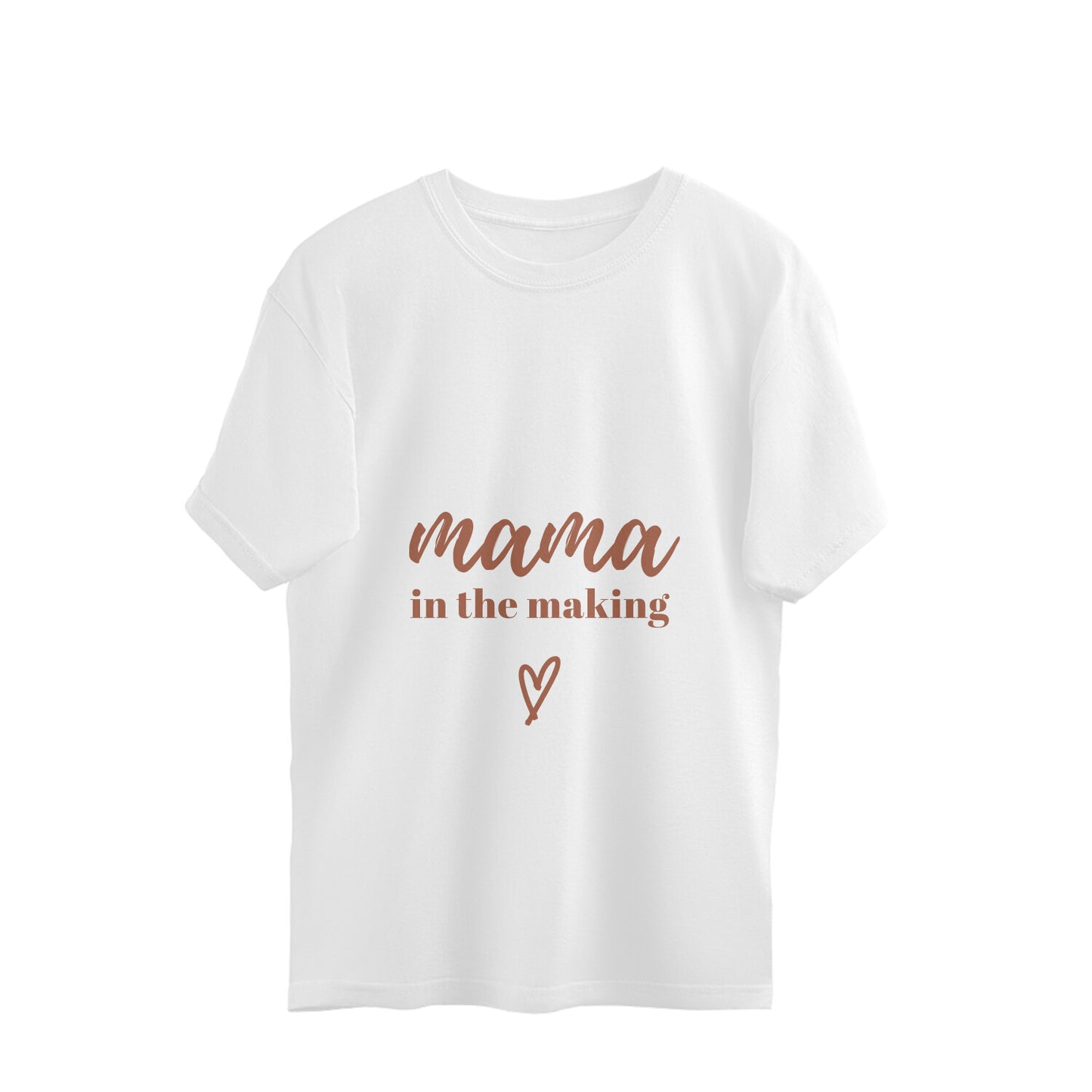 Make a bold statement with our Mama in Making oversized pregnancy t-shirt. Its eye-catching design featuring 'Mama in Making' and a heart sign is sure to turn heads. Crafted for comfort and style, it's the perfect addition to your maternity wardrobe. Shop now for women's graphic t-shirts online at Womanitee.