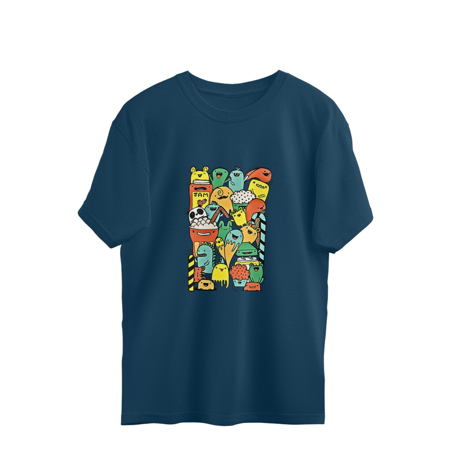 Showcase your love for food and art with our navy blue oversized t-shirt featuring arty and colorful food doodles. Shop now at Womanitee, the best place to buy women's graphic tees online in India, and express your culinary creativity!