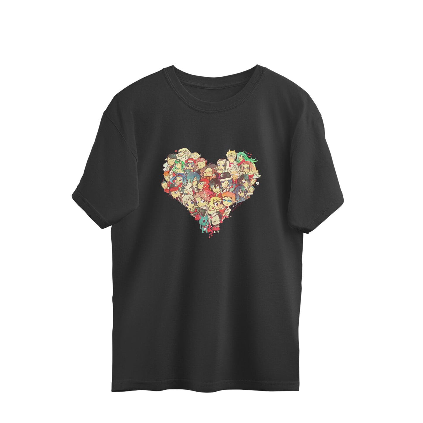 Wear your anime fandom proudly with our heart-shaped collage t-shirt featuring beloved anime characters. Order now from Womanitee and let your love for anime shine!