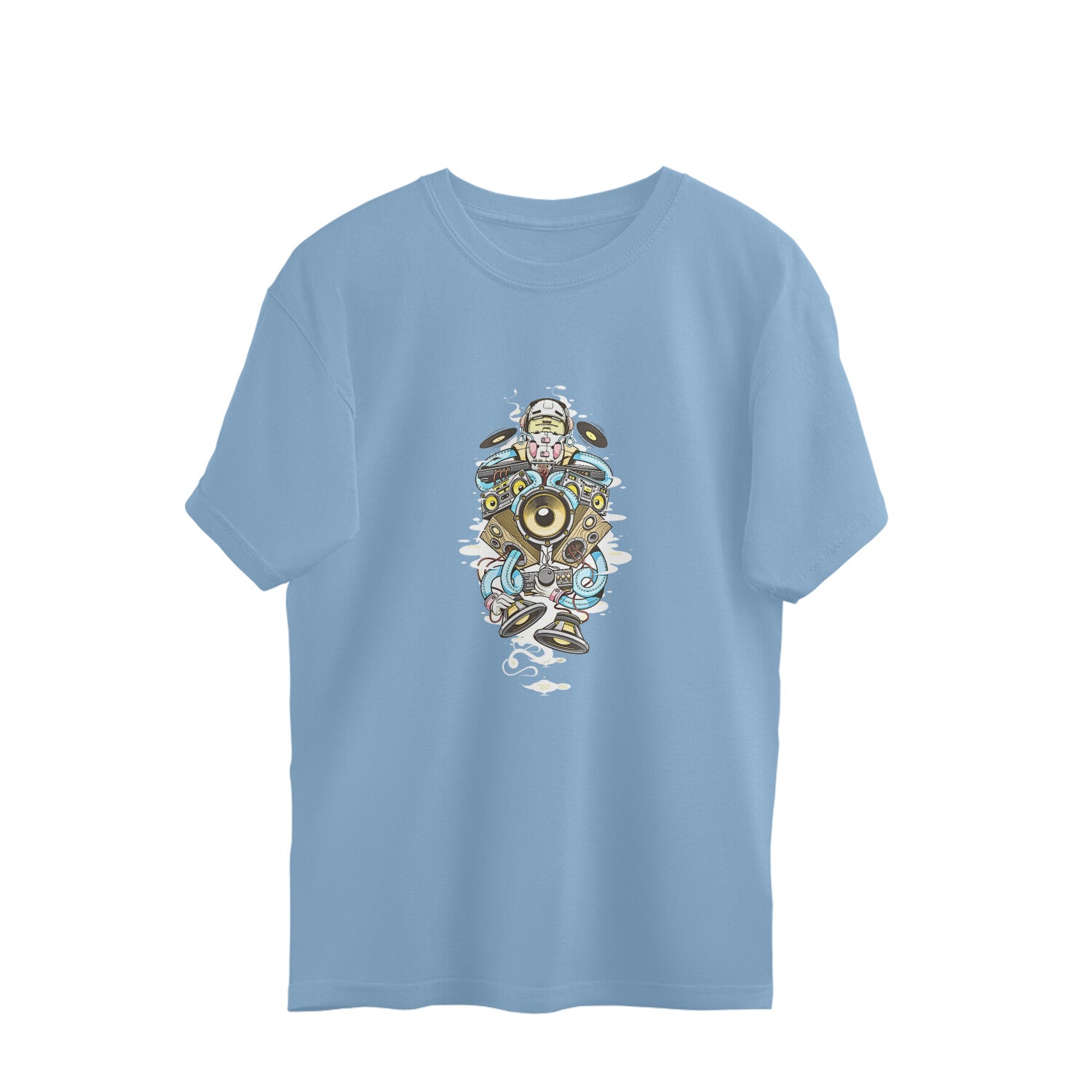 Stand out in our sky blue oversized t-shirt adorned with a rock 'n' roll genie emerging from a lamp, complete with giant speakers and woofers. Made with music lovers in mind, this tee from Womanitee is perfect for expressing your passion for music.