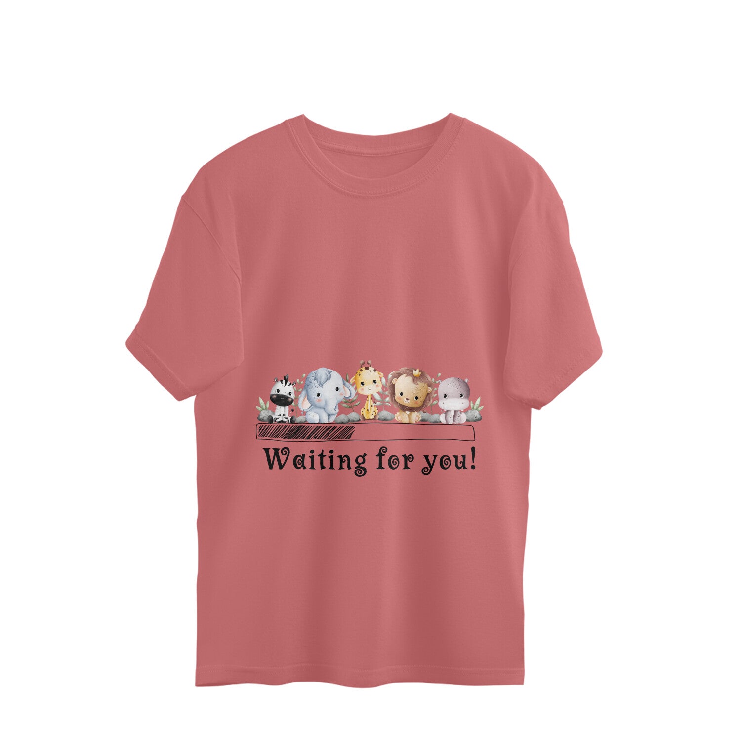 Get ready to welcome your little one with our Waiting for You pregnancy tee. Designed with a cute illustration of animal babies and a loading bar, this oversized tee is a must-have for expectant moms. Find the perfect women's graphic t-shirt online at Womanitee.