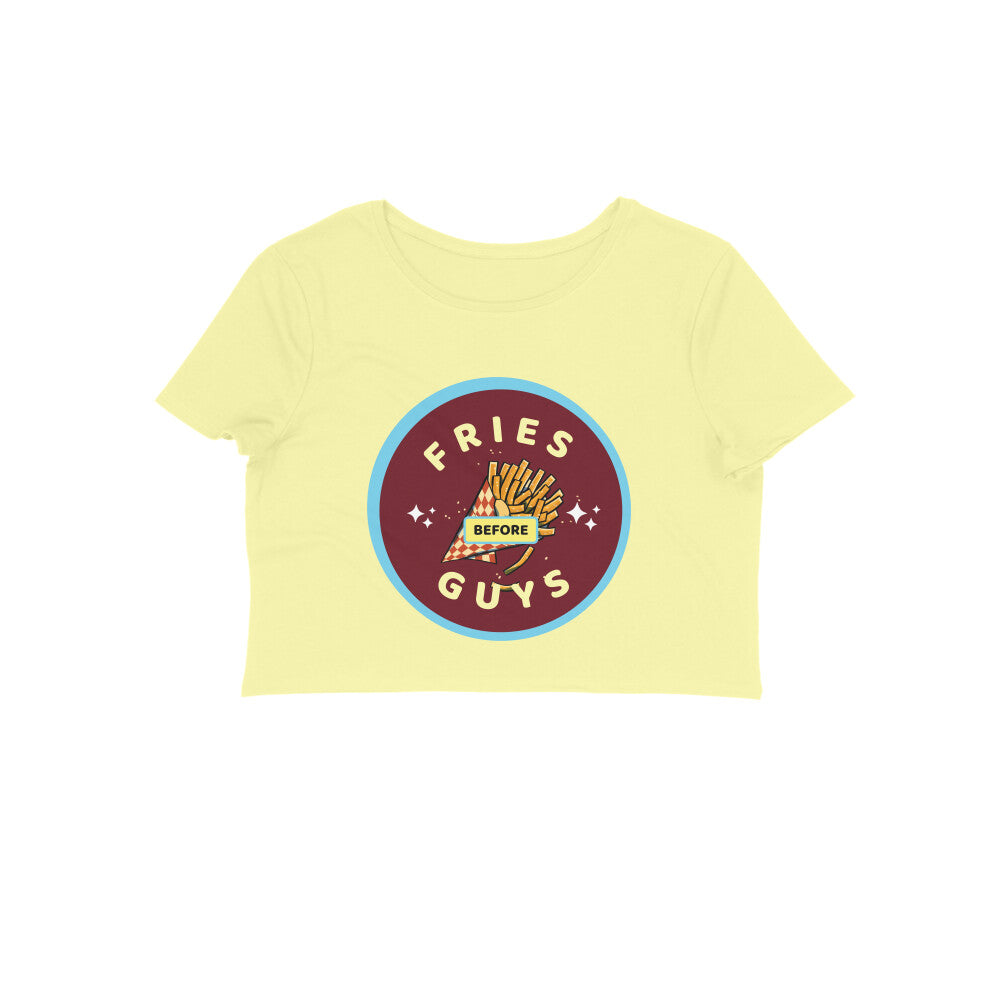 Make a delicious statement with our butter yellow women's crop top showcasing a cute illustration of French fries and the empowering message "Fries before Guys." Designed for those who embrace their independence, this tee from Womanitee is a symbol of girl power.