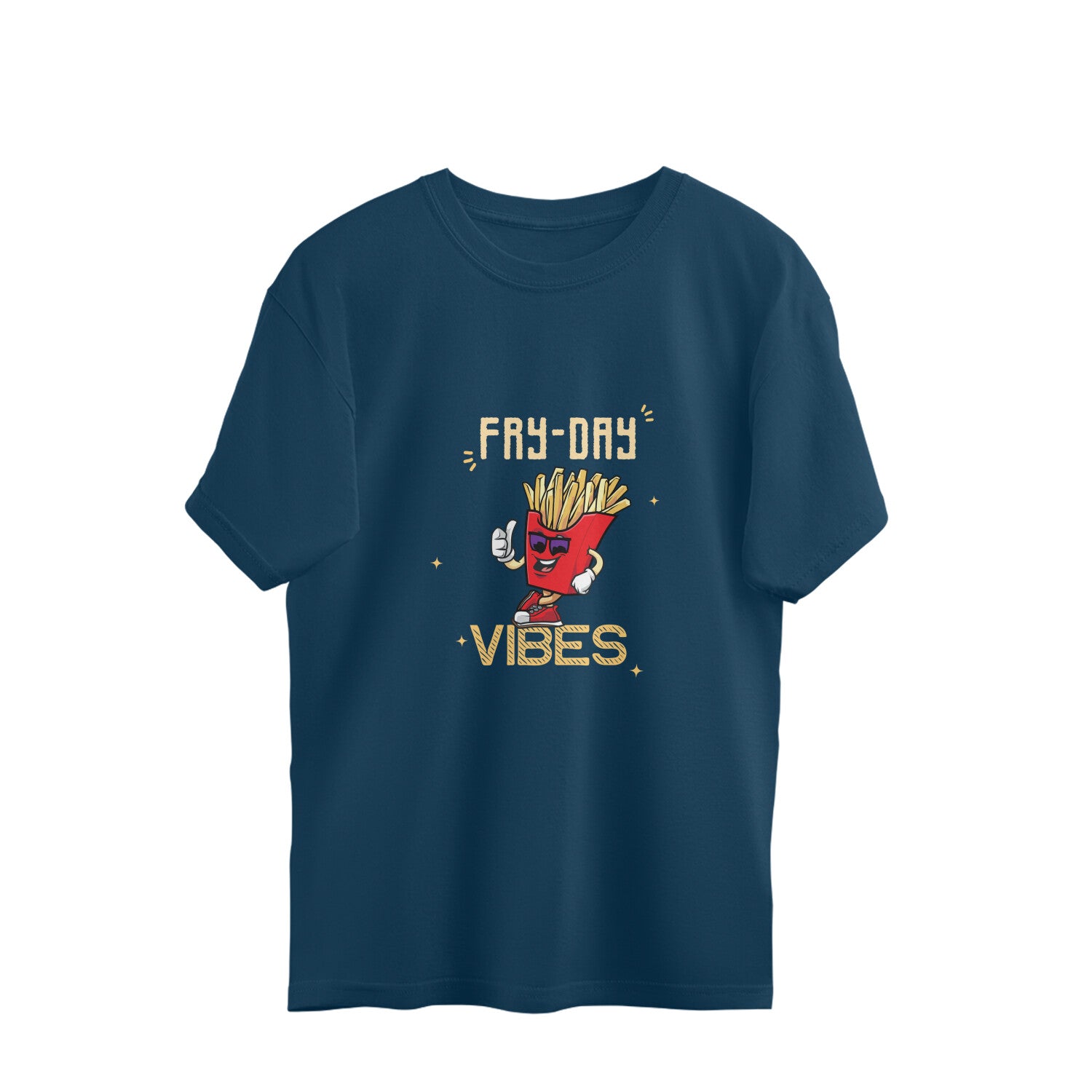 Step into the fry-day mode with our Fry-Day Vibes Navy Blue oversized t-shirt. This trendy and comfortable tee is perfect for expressing your love for french fries in a fun and fashionable way. Shop now at Womanitee for women's graphic t-shirts online in India.