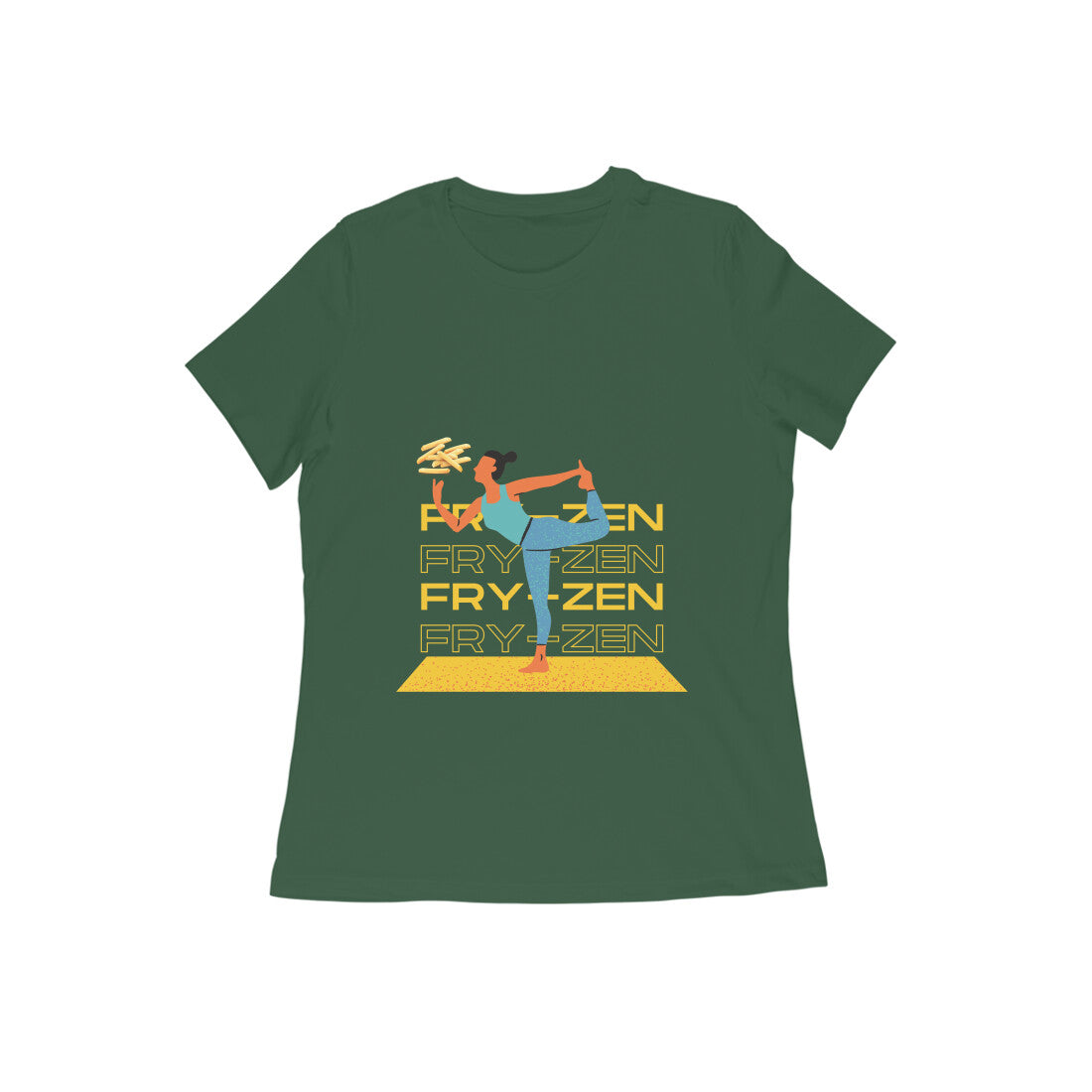 Indulge in the Fry-Zen experience with our Olive Green T-Shirt. This unique tee showcases a woman striking a yoga pose while effortlessly balancing a stack of French fries. Find harmony in your everyday life and express your love for fries in a fashionable way. Shop now and let your style speak Fry-Zen!