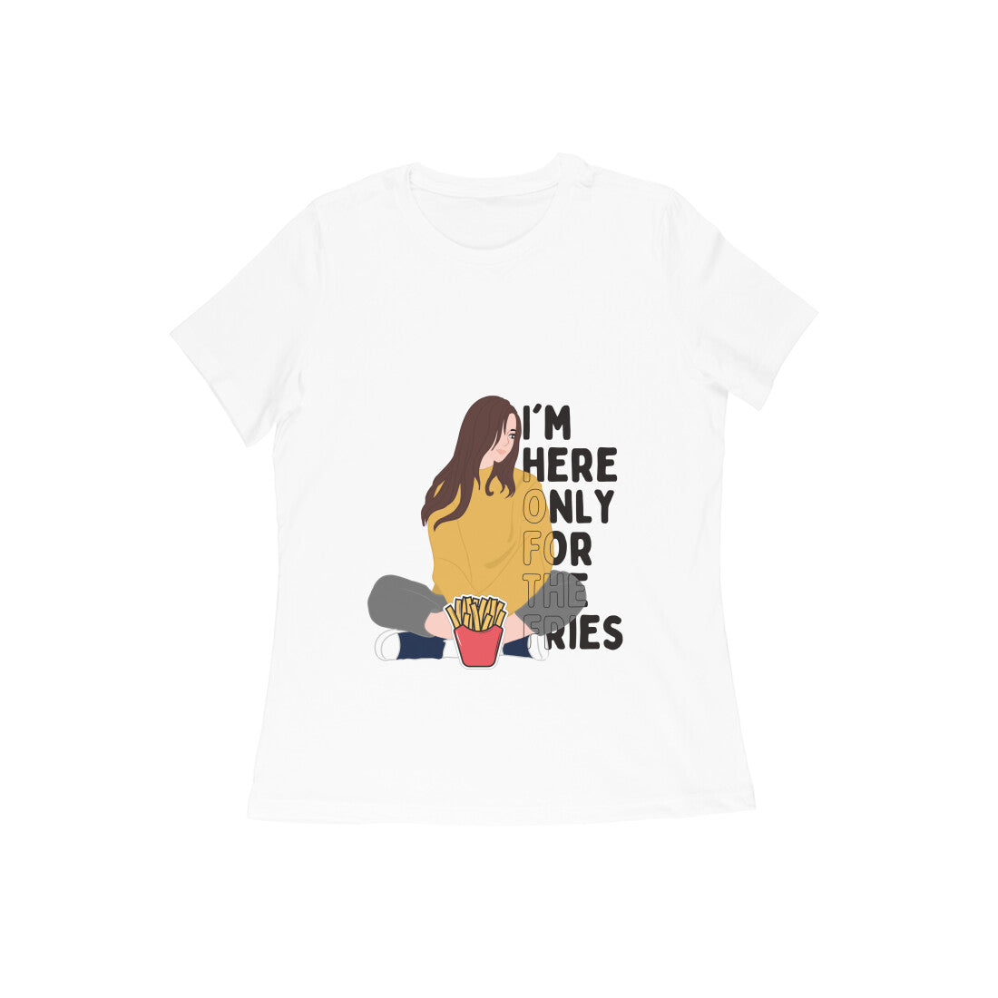 Are you a fry enthusiast? Our white t-shirt is a must-have for food lovers. Featuring a woman indulging in a plate of fries, this t-shirt lets you proudly declare your love for fries. Shop now at Womanitee for women's t-shirts that satisfy your cravings.