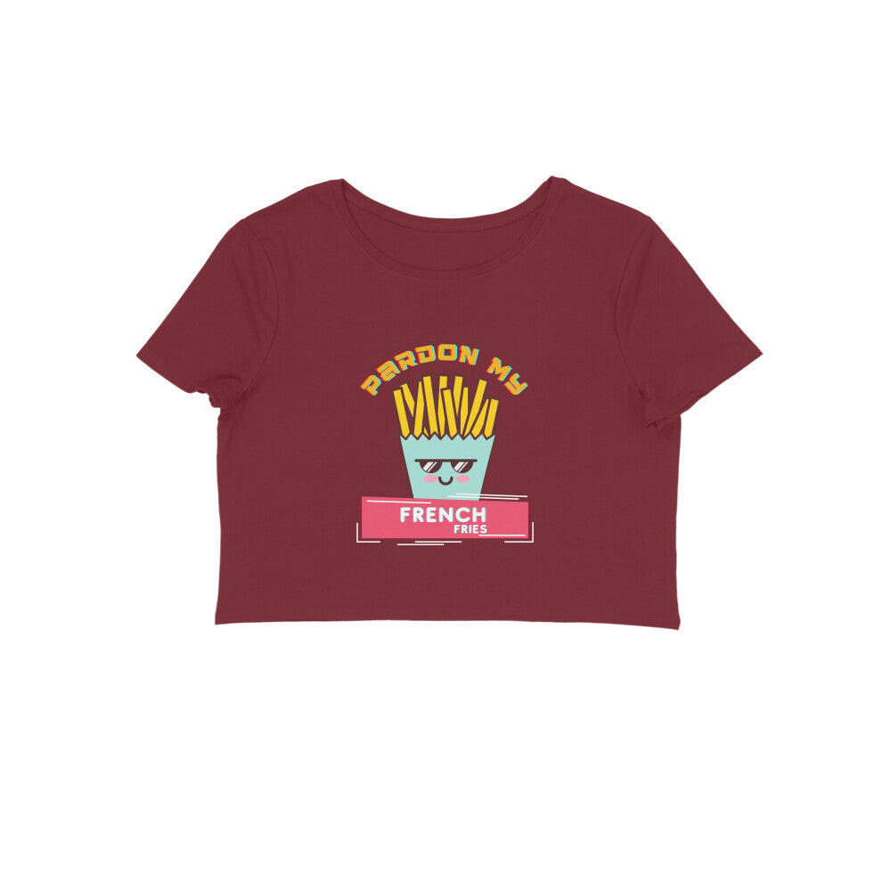 Elevate your style game with our maroon crop top featuring a cool pack of french fries. Get ready to turn heads and embrace your fry-loving fashionista side.